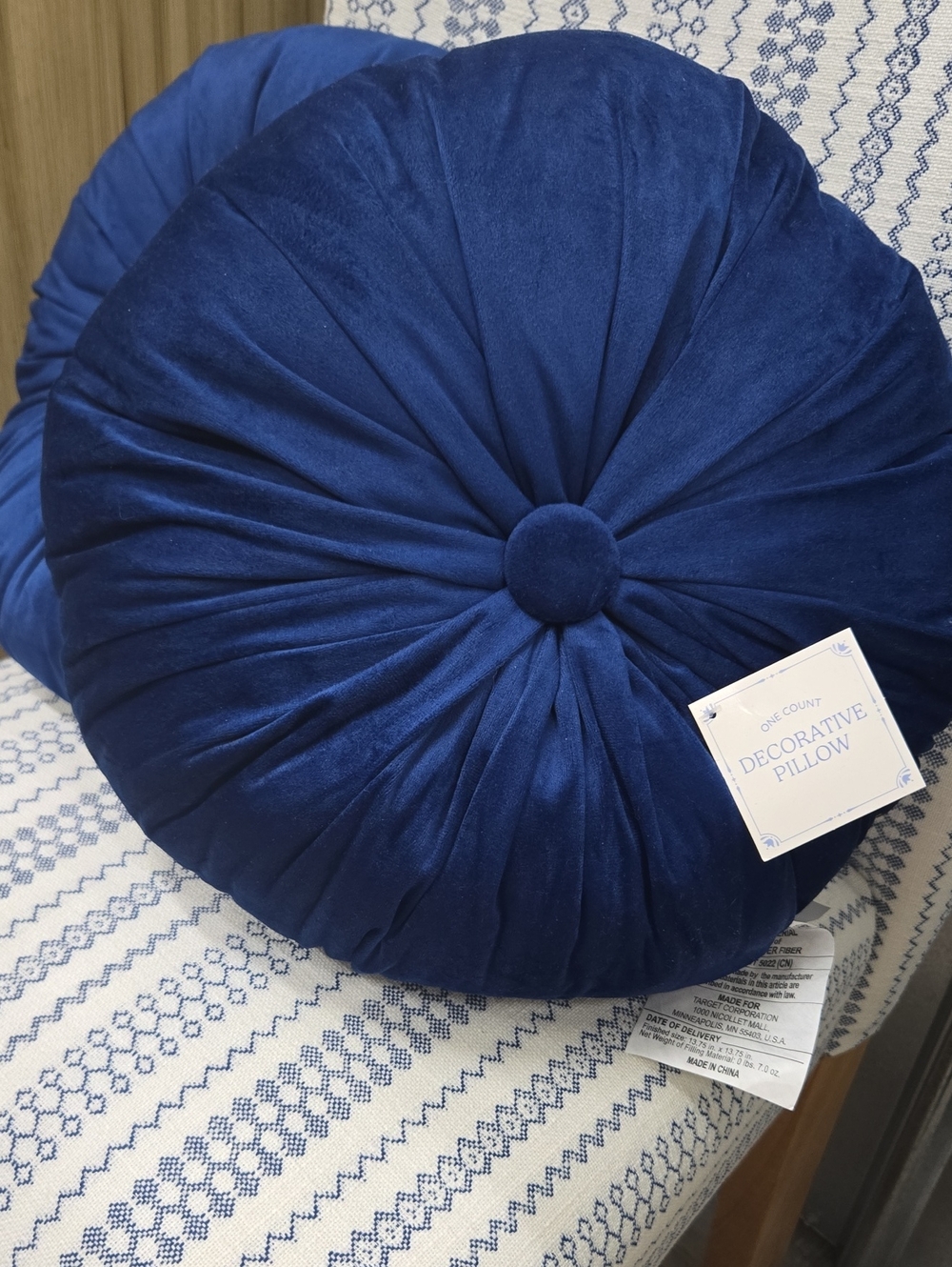 a new day Round Velvet Decorative Pillow in Navy Blue